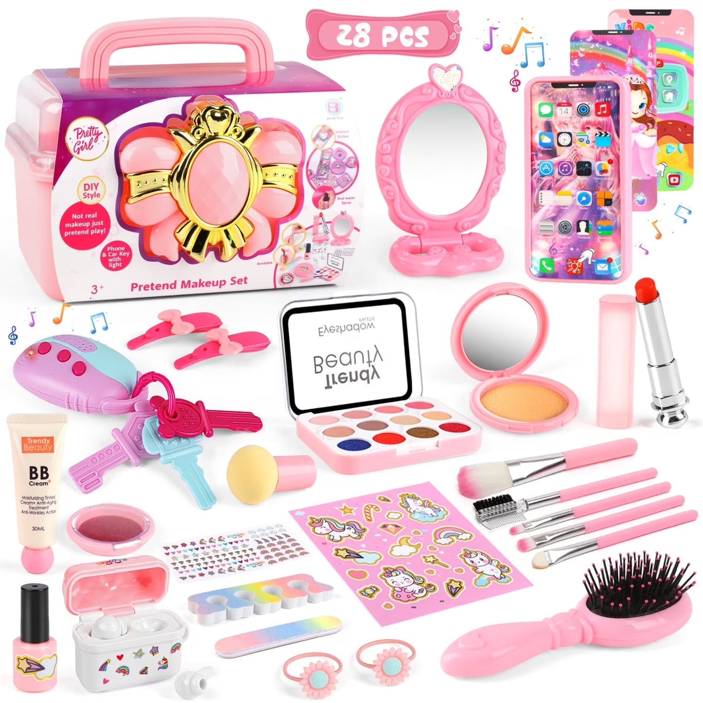 28PCS Pretend Play Makeup Toy Set, Toys for Kids Girls Ages 3-6 Years, with Accessories, Toy Phone, Toy Car Key, Mirror And More, Birthday Gift for Kids Girl.