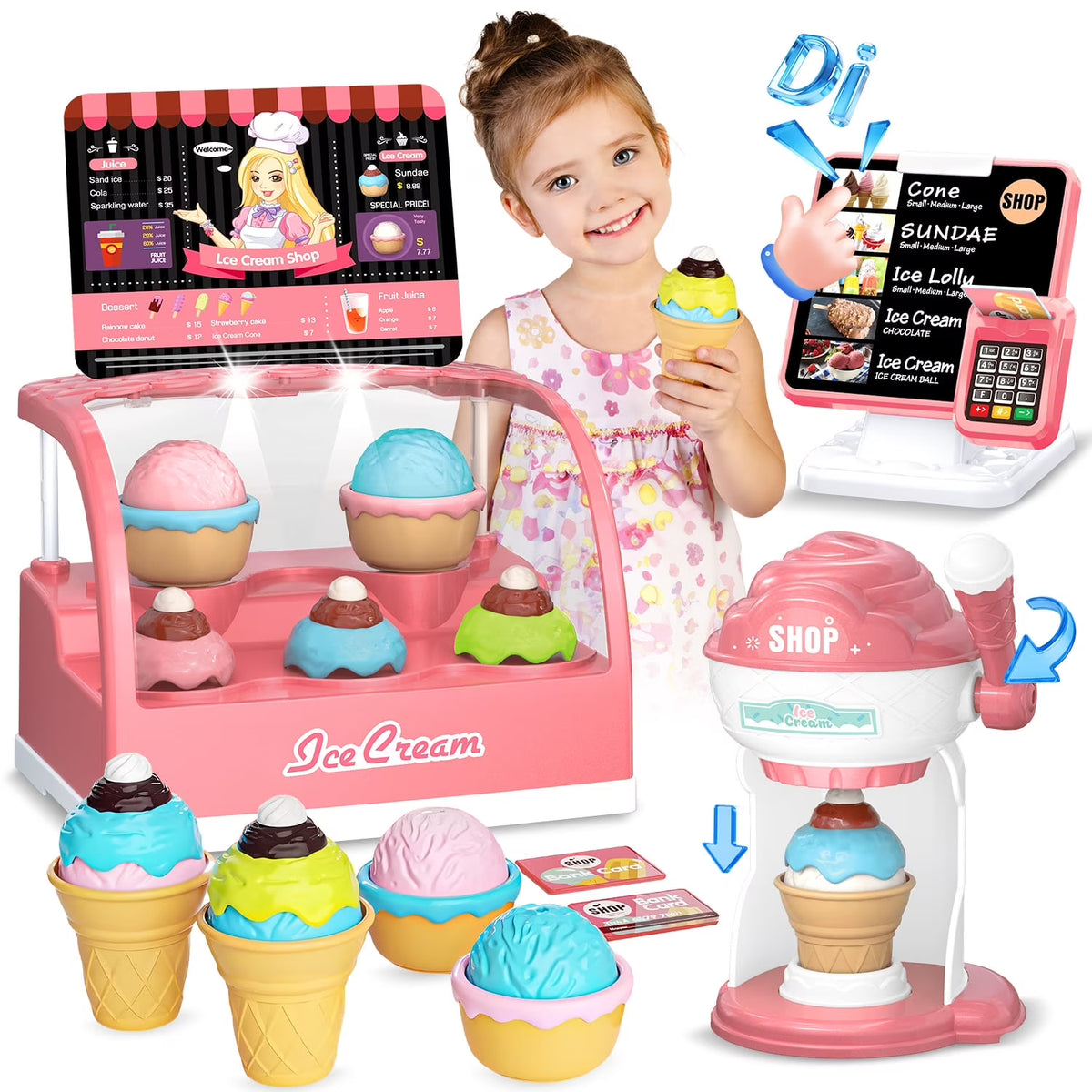 Ice Cream Station Toys for Kids, Play Food Cashier Toys for Girl Ages 3 4 5 6 Years, Christmas Birthday Gift for Girls.
