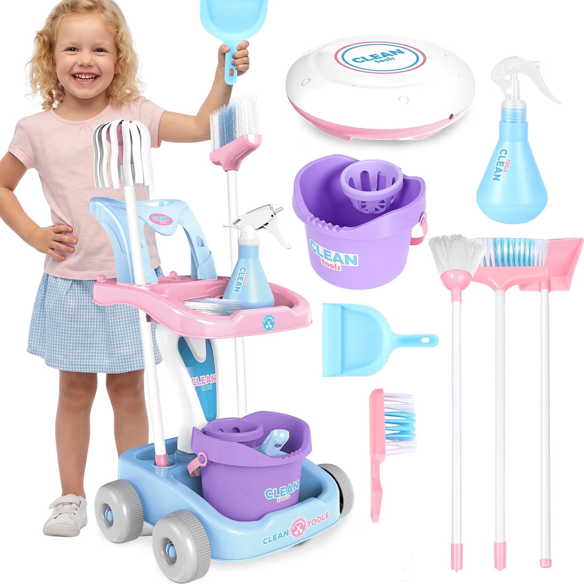 Kids Cleaning Set for Toddlers Ages 3-6, Pretend Play Housekeeping Cart with Mop Broom Dustpan Spray Bottle Bucket and Toy Vacuum, Pink Blue.