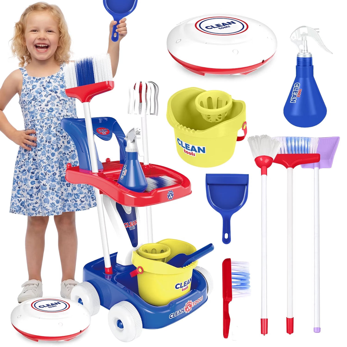 Kids Cleaning Set for Toddlers Ages 3-6, Pretend Play Housekeeping Cart with Mop Broom Dustpan Spray Bottle Bucket and Toy Vacuum, Red Blue.