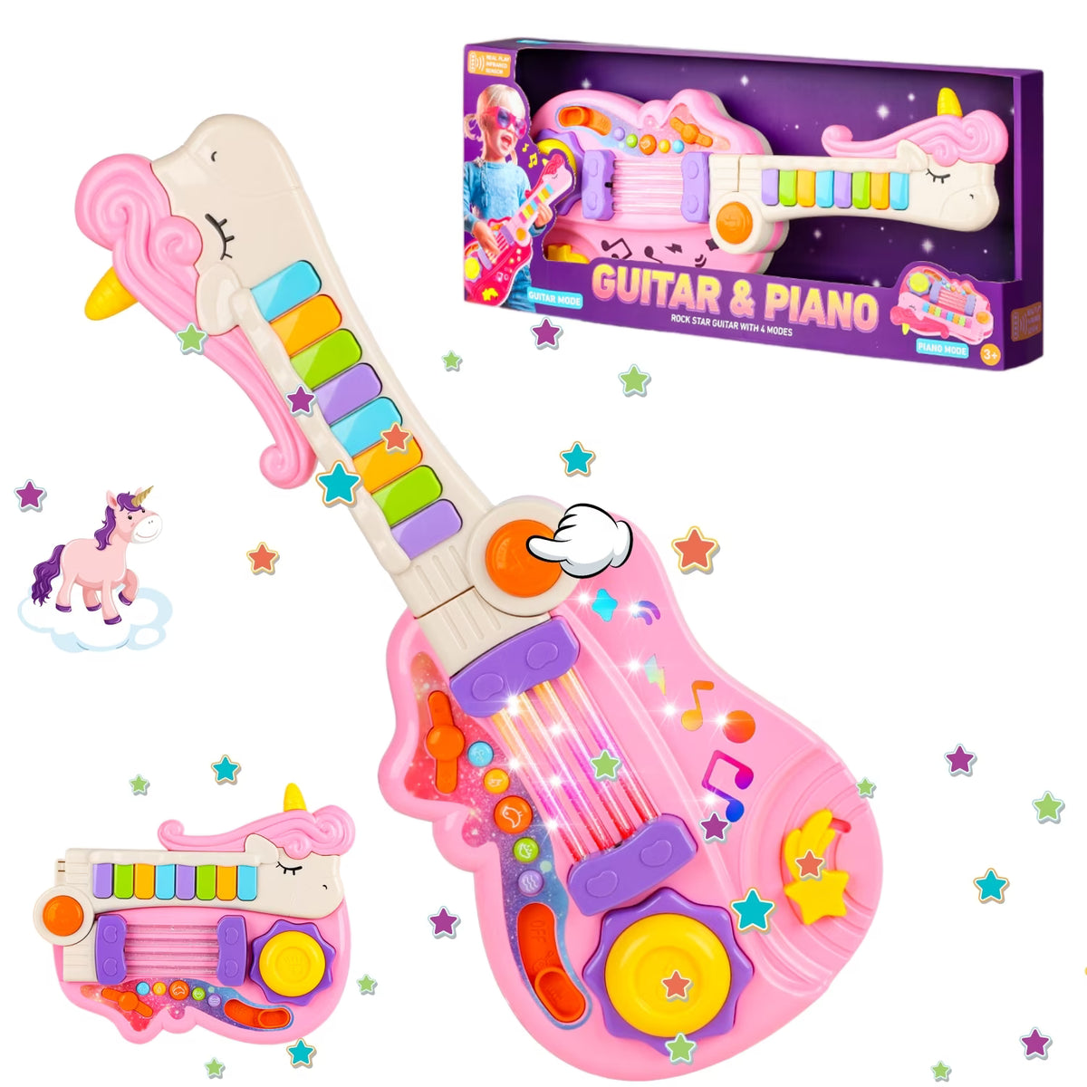 Kids Guitar Toys, 2-in-1 Pink Musical Toy with Piano And LED Lights for Kids Toddlers Ages 3-6, Unicorn Toys Christmas Birthday Gift for Little Girls.