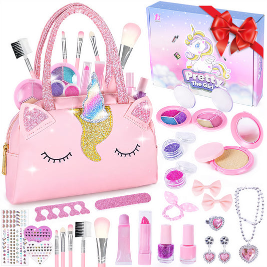 Kids Makeup Sets for Girls, 28 in 1 Unicorn Toys Makeup Kit Gifts for Girls, Washable Real Cosmetic Bag Toys for Little Princess, Christmas Birthday&Party Gifts for Kids 3 4 5 6+ Pink