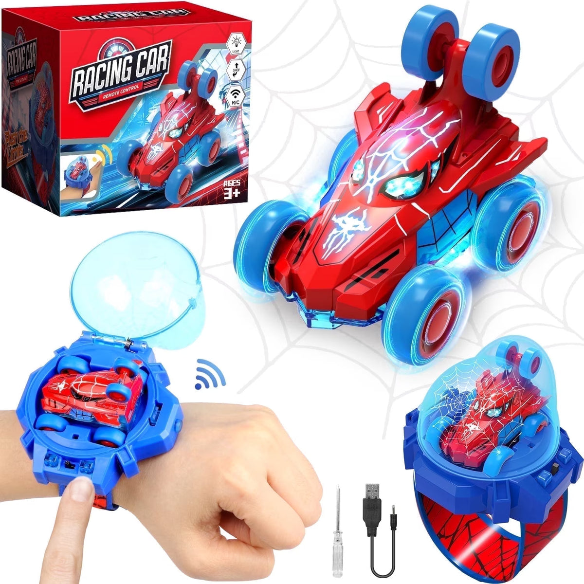 RC Watch Car Toy with LED Lights, Spider Design Tiny Car, Toys for Toddlers Boys 3 4 5 6 7, Ideal Christmas Birthday Gift for Kids Boys Girls Ages 3-6.