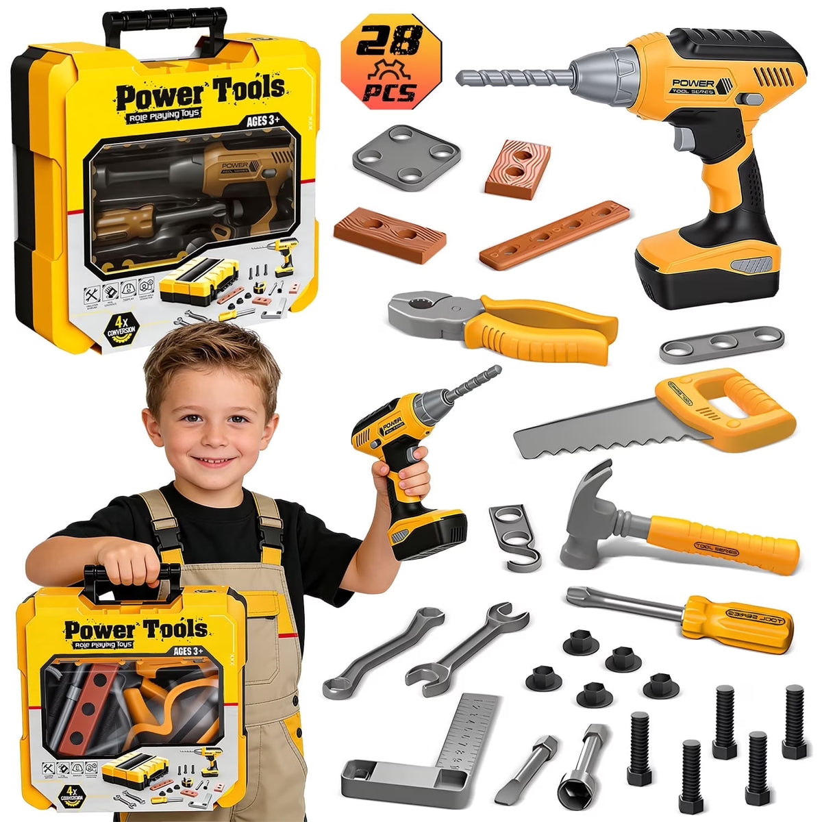 Kids Tools Toys Set for Boys Kids,28PCS Kids Drill Toys with Tool Box ,Tools Set for Kids Ages 3 4 5 6, Christmas Birthday Gift for Boys Toddlers.