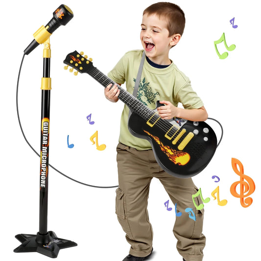 Kids Toy Guitar for Toddlers Ages 3 4 5 6 Years, Cool Black Toy Guitar Set with Microphone And Adjustable Stand, Musical Instrument Christmas and Birthday Gift for Boys Girls.