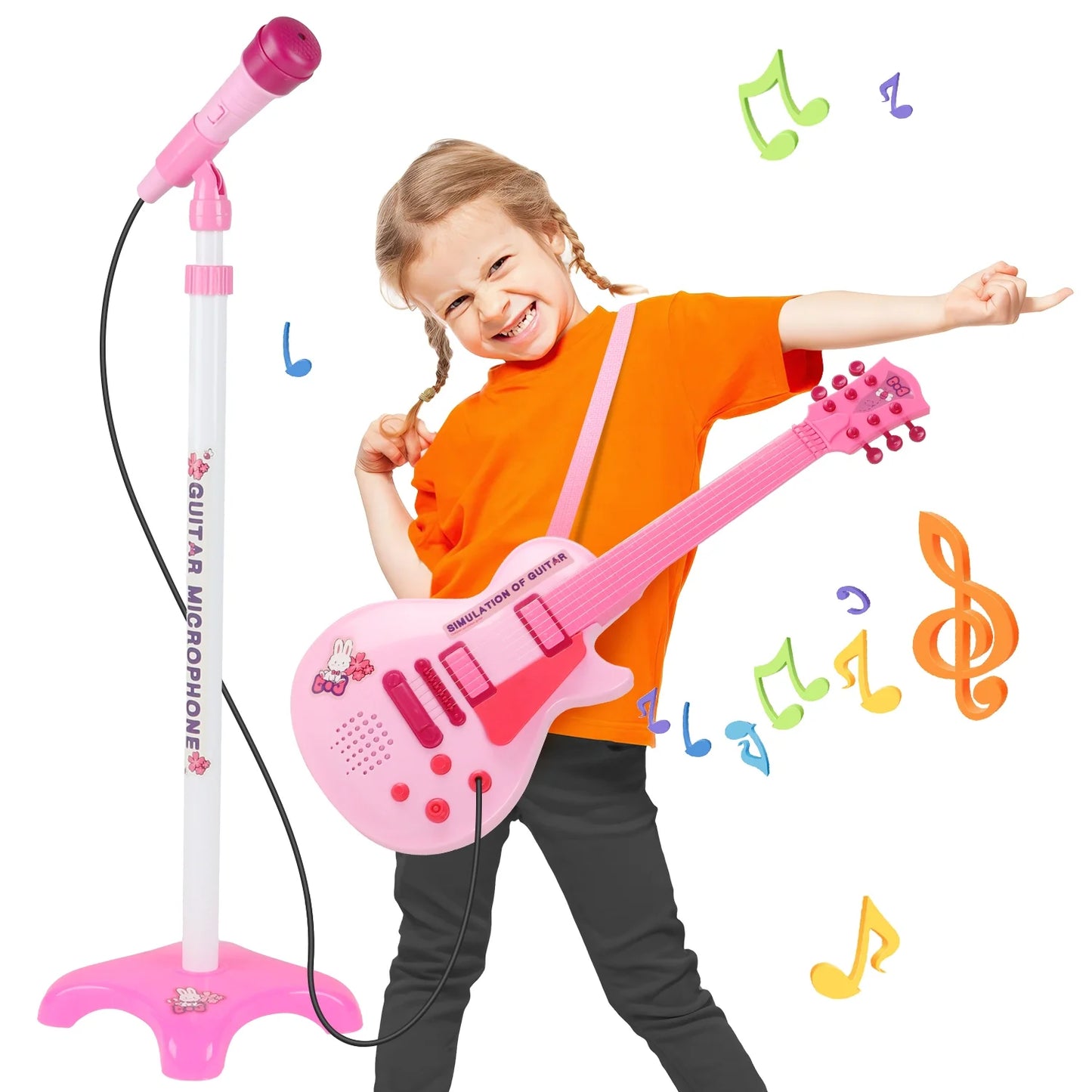 Kids Toy Guitar for Toddlers Ages 3 4 5 6 Years, Pink Toys Guitar Set, with Microphone And Adjustable Stand, Musical Instrument Birthday Christmas Gift for Boys Girls.