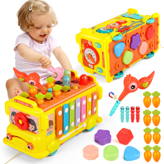 Baby Montessori Learning Toys, 9 in 1 Music Activity Bus Baby Toys, Toddler Education Learn Car, Interactive Game, Birthday Gift for Kids Boys Girls 1 2 3 4 Years