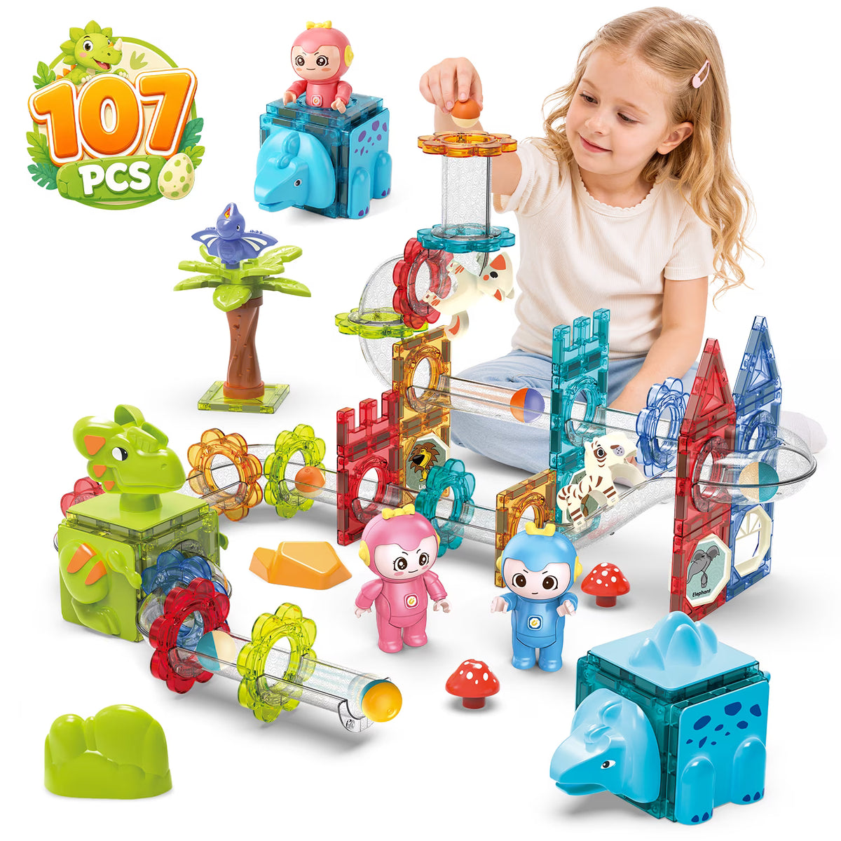 Marble Run Magnetic Building Blocks, 107 PCS Magnetic Tiles Toys for Kids Ages 3 4 5 6 8+, STEM Toys, Birthday Gift for Boys and Girls.