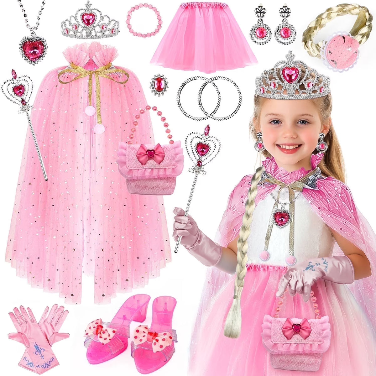 Pink Princess Dress Up Toy For Little Girls 3-6 Years, Halloween Costume, Include Jewelry, Shoes, Handbags And Multiple Princess Accessories, Christmas Birthday Gift for Girls.