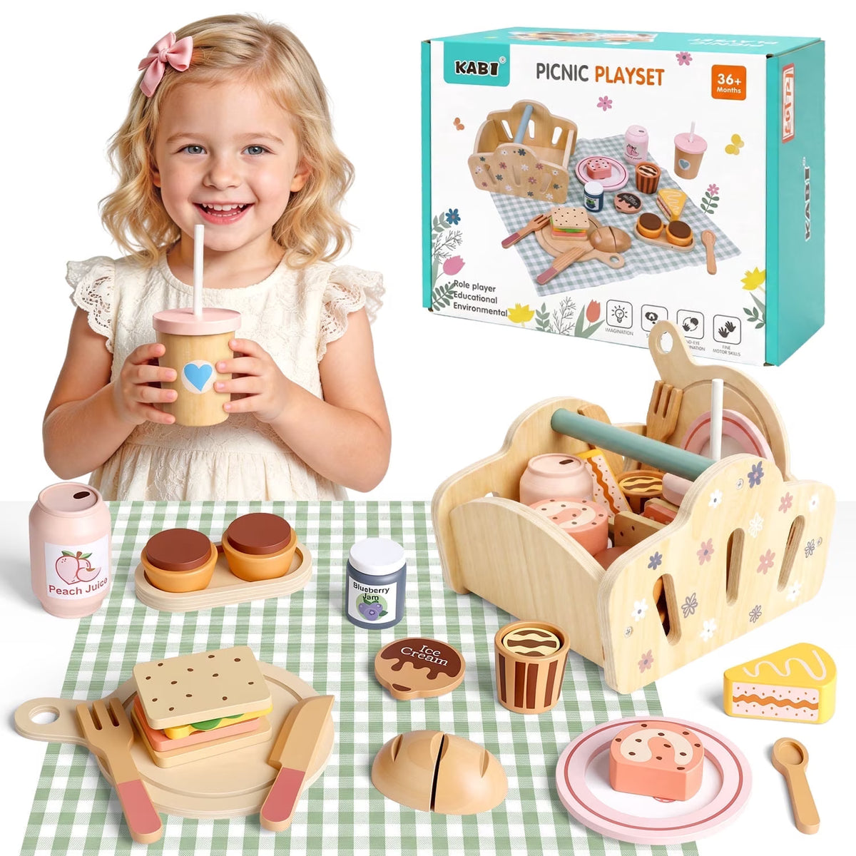 Wooden Play Food Picnic Set, Pretend Play Toy for Girl 3-6 Years Old, Wooden Kitchen & Tea Party Playset with Storage Basket, Toddler Girls Christmas Birthday Gift.