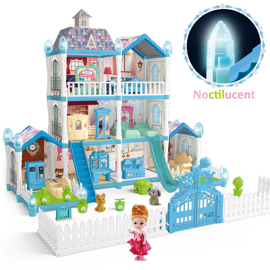 Princess Dollhouse Kit for Girl Ages 3 4 5 6+ Years, 8 Room Building Toys, Birthday Christmas Gifts for Little Girls Ages 3-6 Years.(Blue)