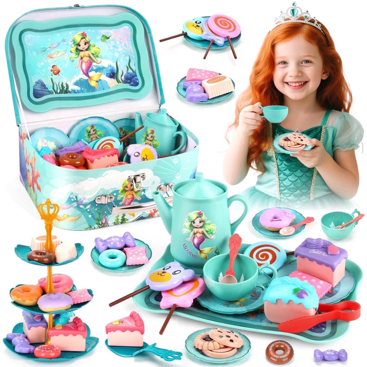 42PCS Mermaid Tea Party Set for Little Girls, Pretend Play Toys for Toddlers Girls Ages 3 4 5 6 Years, Birthday Gifts for Kids Girls 3-6 Years Old.