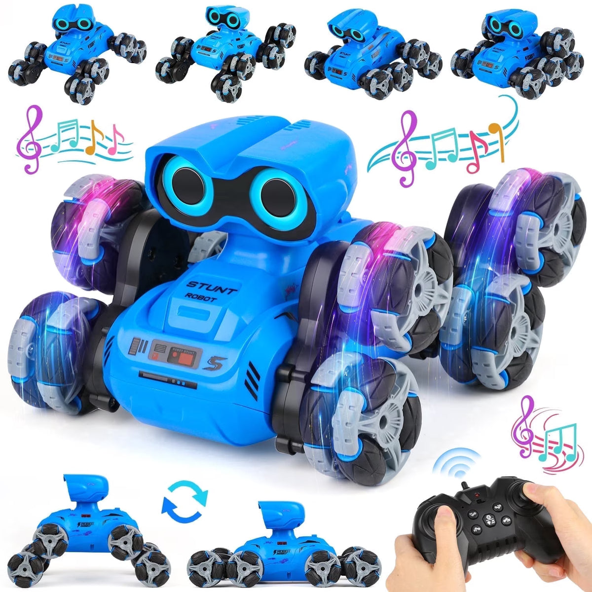 RC Stunt Car Robot Toy for Boys Ages 2-6, 8-Wheel with LED Eye Lights, Music, Dance, All-Terrain & 360° Spins, Remote Control Robot Christmas Birthday Gift for Boys 3-12 Years Old.