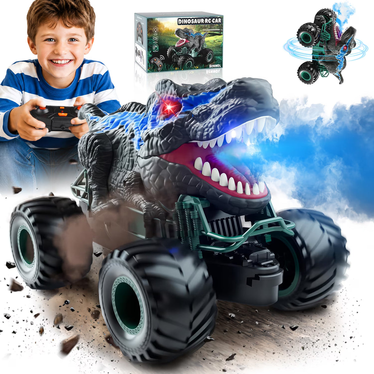 Remote Control Dinosaur Toys Car for Kids, Boys Toy Ages 5 to 7 Years, 2.4ghz RC Dinosaur Truck for Toddlers, Electronic Rc Car with Light Sound & Spray All Terrain Car for 3 4 5 6 7 8 Kids.