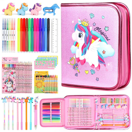 Scented Markets Set for Kids with Pencil Case, 56Pcs Unicorn Christmas Birthday Gift for Girls Kids Ages 4 5 6 7 8+, Art Supplies for Kids 4 6 8+