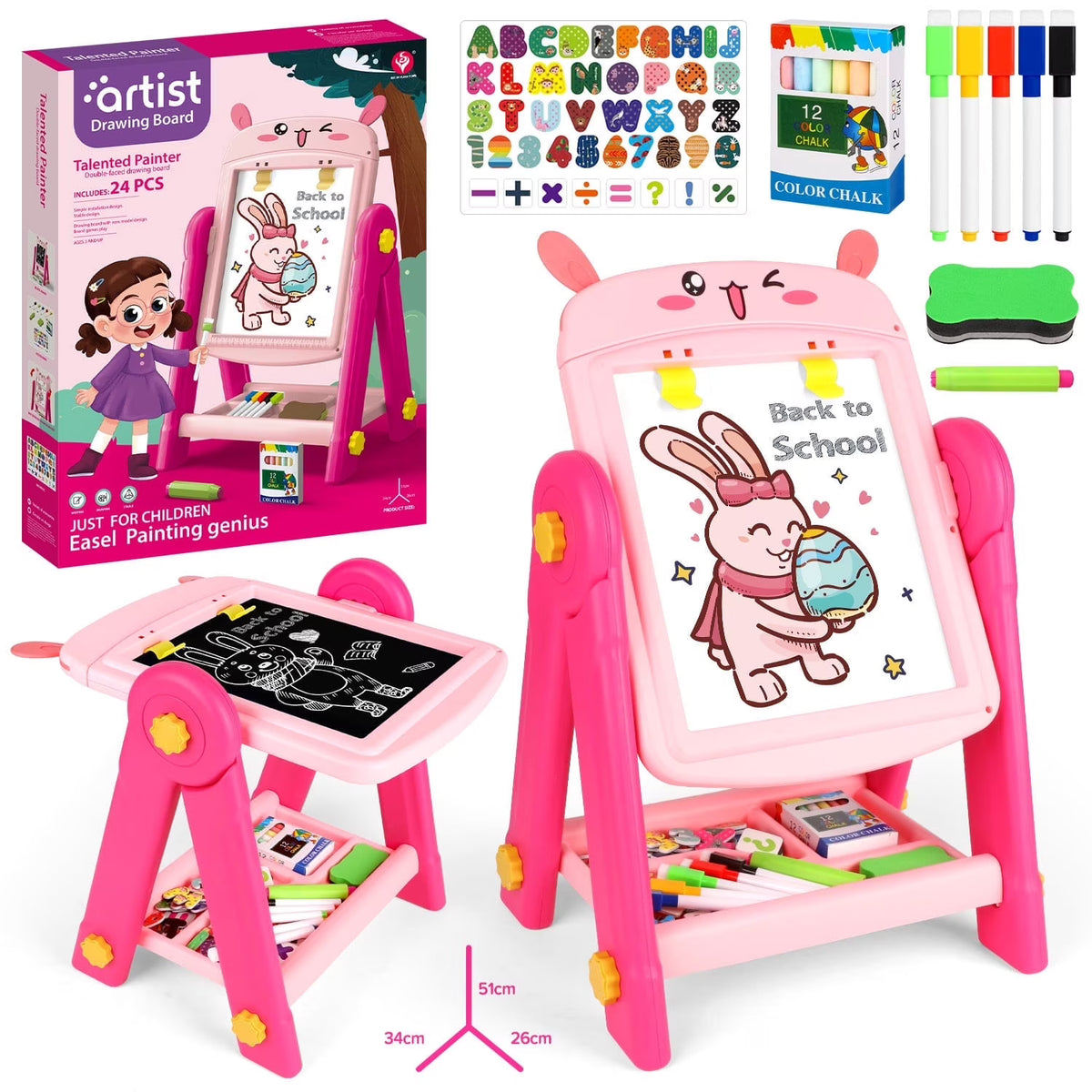 Easel for Kids, Pink Rabbit Toddler Easel, Double-Sided Magnetic Whiteboard & Chalkboard, Toddler Art Set Educational Drawing Easel Gift for 2-6 Year Old Girls.