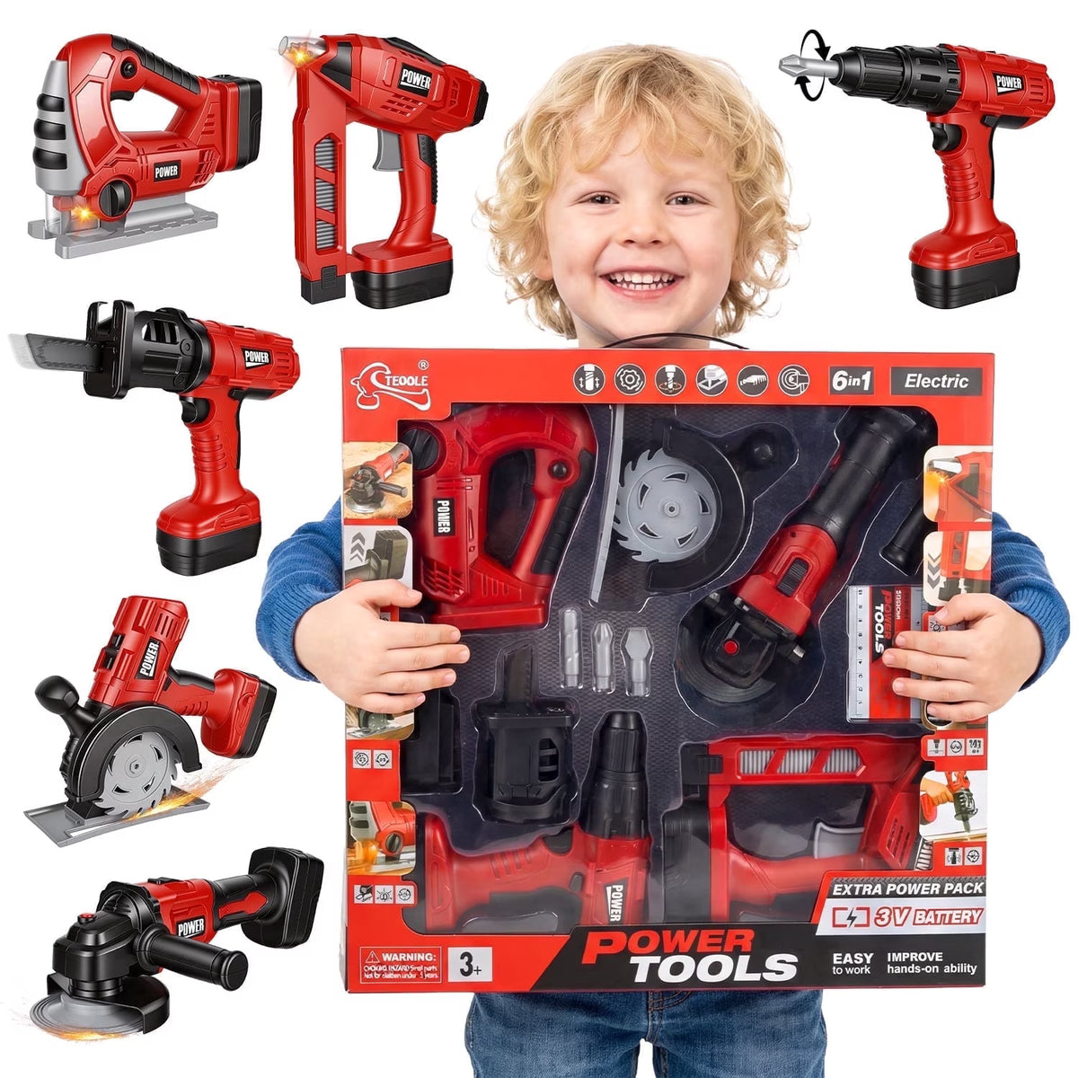 Kids Tool Set, 6-in-1 Toy Tool Set with Pretend Power Tools, Toy Drill, Toy Saw, Nail Gun and Angle Grinder for Kids Ages 3+.