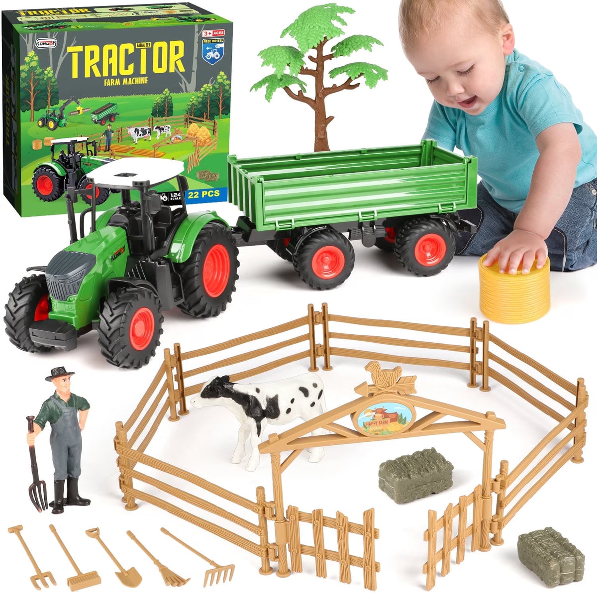 Tractor Toy, Farm Toys Set for Toddlers Boys Age 3 4 5 6 Years, Realistic Pretend Play for Little Farmers, Christmas Birthday Gifts for Toddlers 3-6 years old.