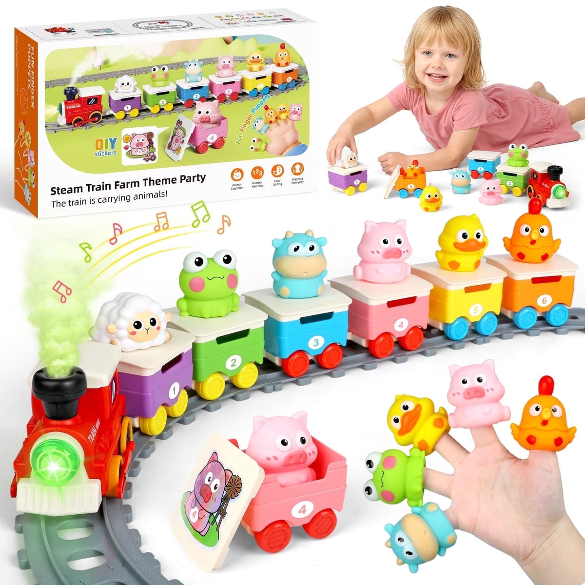 Train Set for Toddlers, Toys for Toddlers 2-4 boys, with Smoke, Light & Sound, 6 Farm Finger Puppets, Toy Train Gift for Toddlers Birthday Christmas.