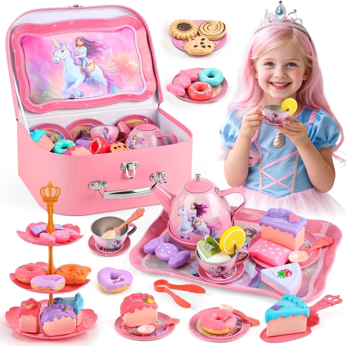 Tea Party Set for Little Girls, 42PCS Unicorn Toys for Girls Ages 3 4 5 6 Years, Pink Pretend Play Toys Set for Girls Birthday Gifts.