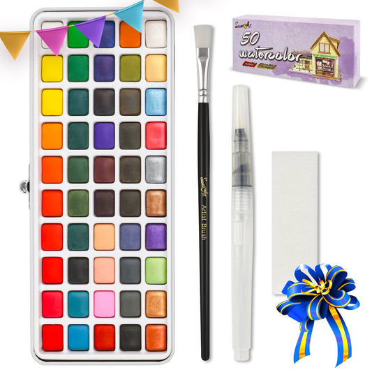 Watercolor Paint Set, 50 Vibrant Colors in Portable Box, including Metallic Colors, Perfect for Artists, Hobbyists, Painting Enthusiasts, Enjoy Traveling with Watercolor Sets