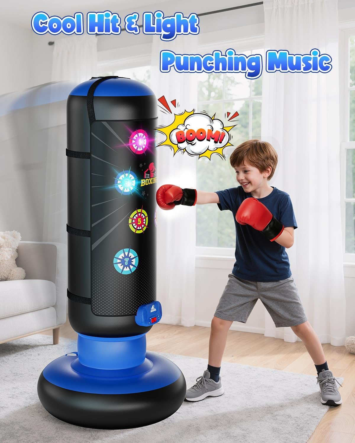 HopeRock Punching Bag for Kids, Boxing Set with Scoring, Light, Music, 4 Game Modes, Inflatable Boxing Bag with Gloves, Birthday Gifts Toys for 4-8-12 Years Old Boys