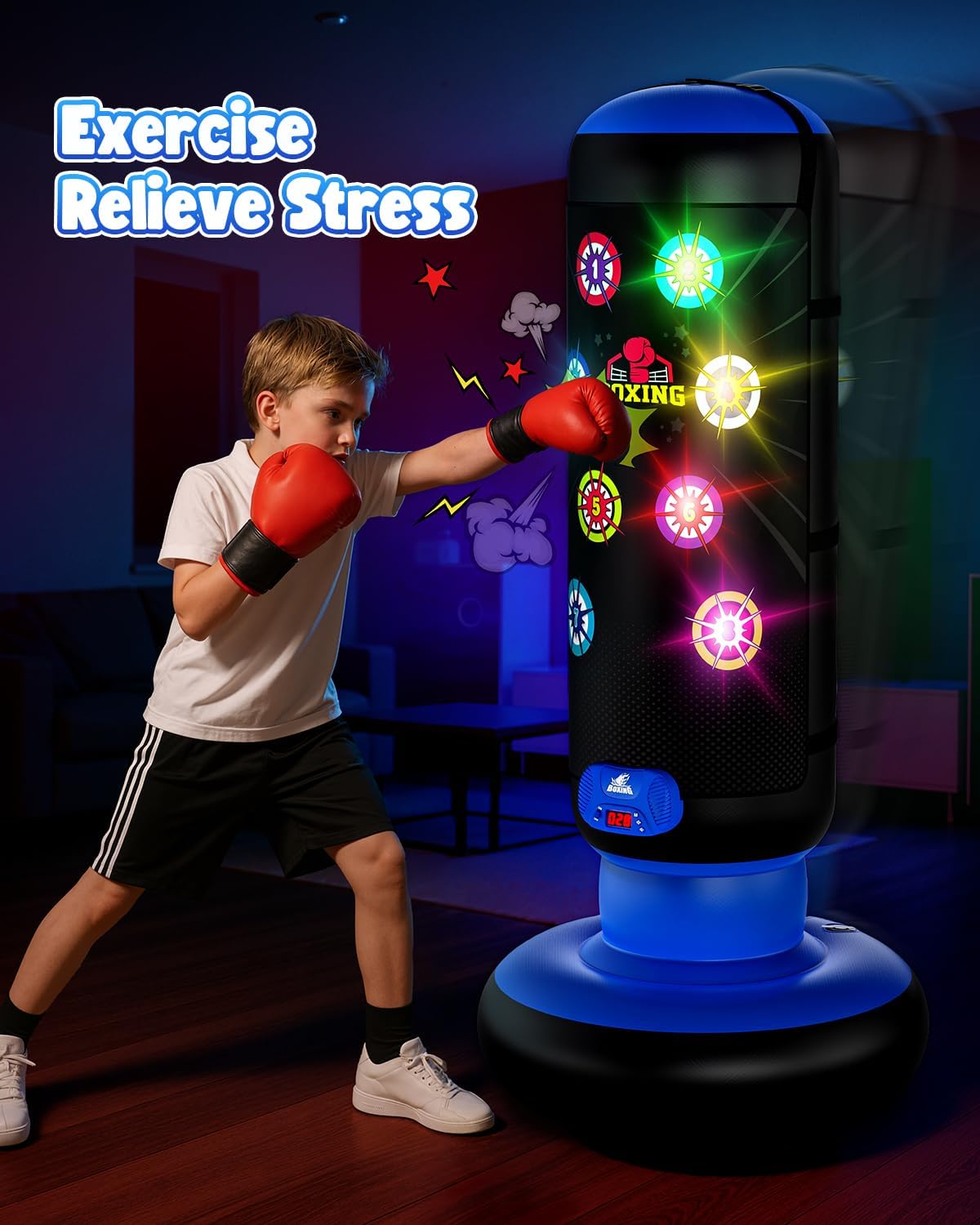 HopeRock Punching Bag for Kids, Boxing Set with Scoring, Light, Music, 4 Game Modes, Inflatable Boxing Bag with Gloves, Birthday Gifts Toys for 4-8-12 Years Old Boys