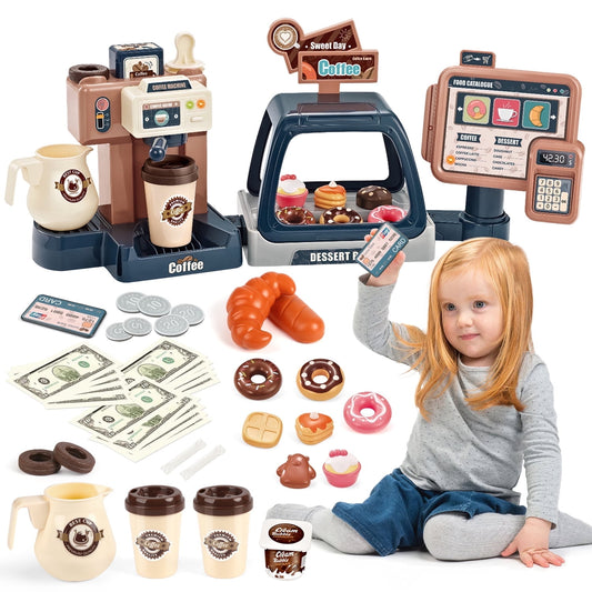 Pretend Play Toys, 41 PCS Kids Coffee Maker Set with Toy Cash Register, Credit Card, Birthdays Christmas gift for girls ages 3-7