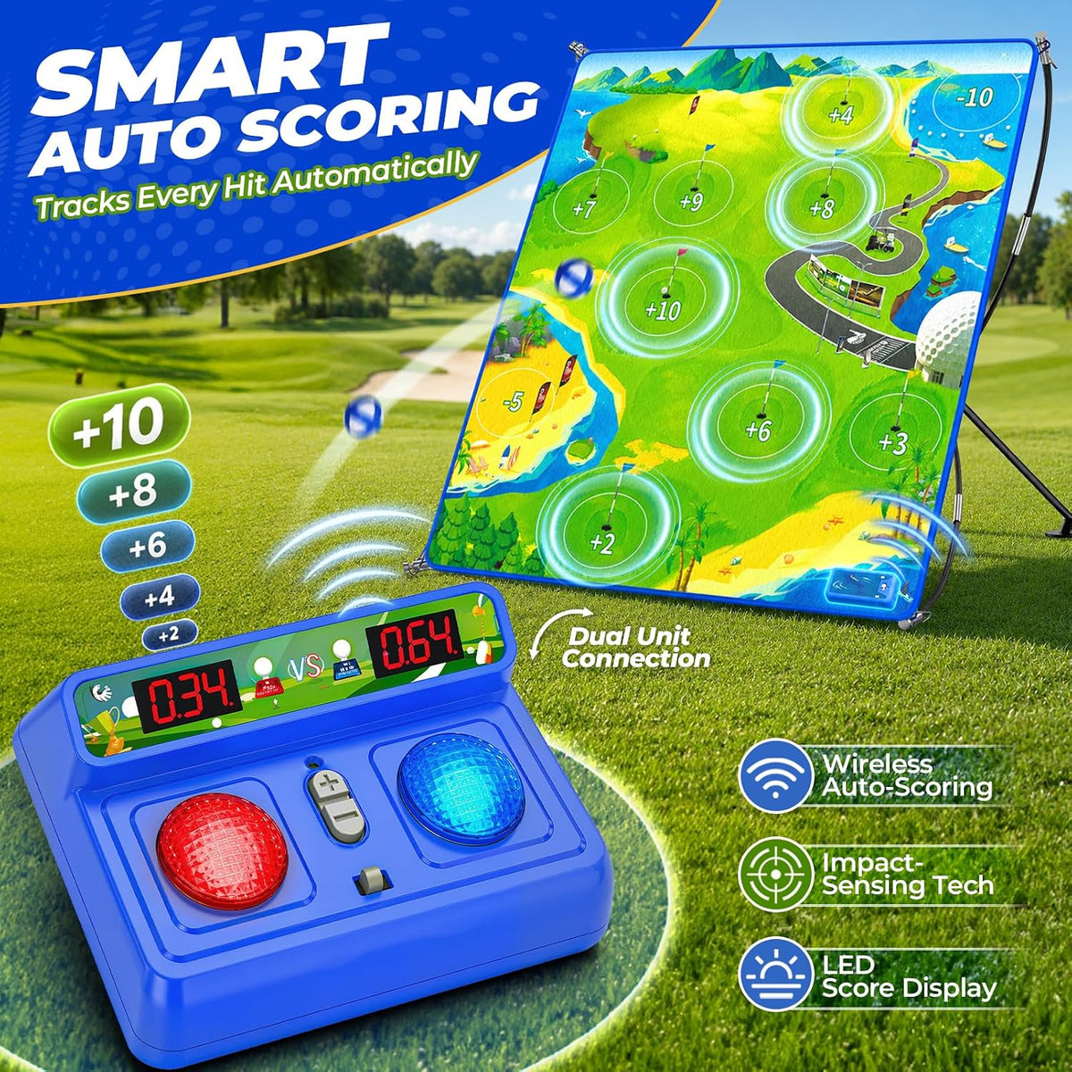 HopeRock Electronic Scoring Golf Chipping Game Set - 60" Target Mat with 4-Level Adjustable Stand & Sticky Balls, 2 Game Modes, Indoor Outdoor Backyard Yard Games for Adults & Family, Kids Golf Gifts