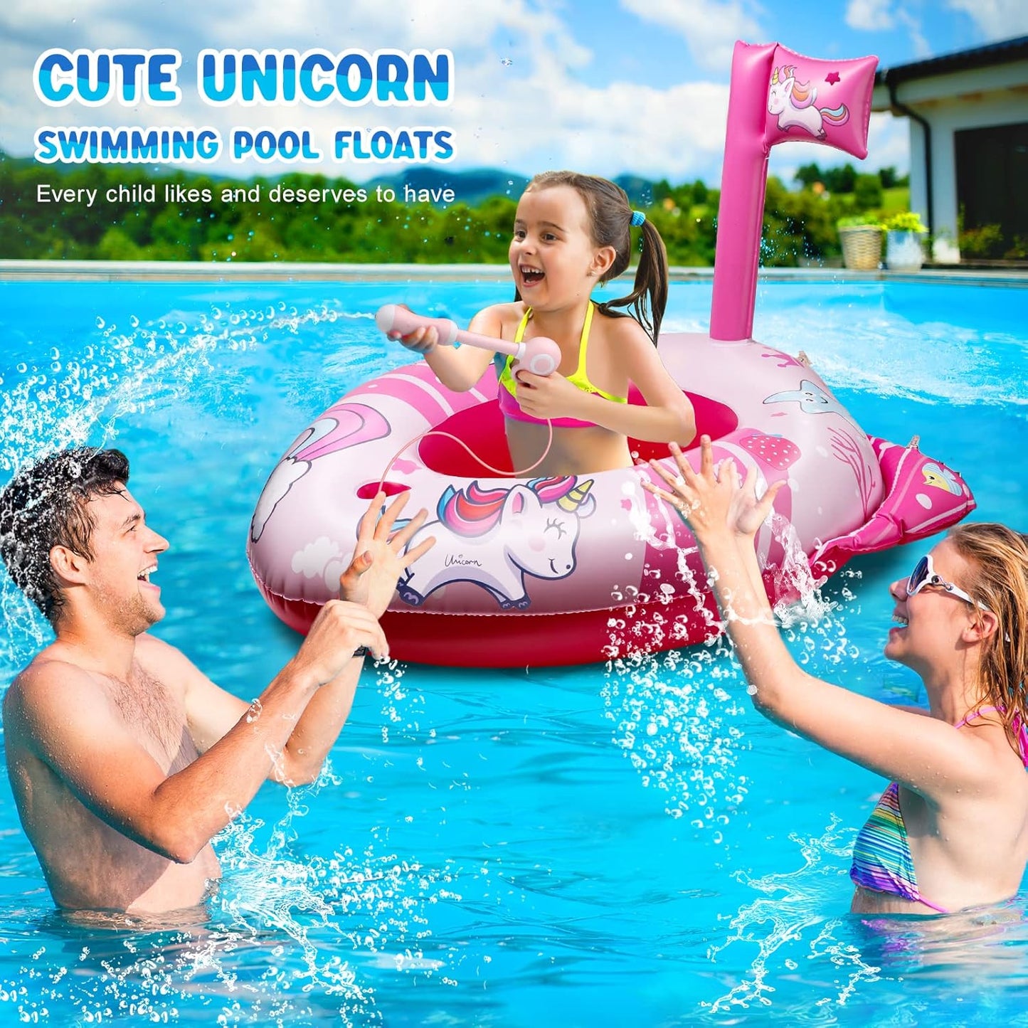 HopeRock Unicorn Pool Floats for Toddlers and Kids, with Water Gun, Pool Toys for 3-8 Years Old Girls, Inflatable Swimming Pool Toys