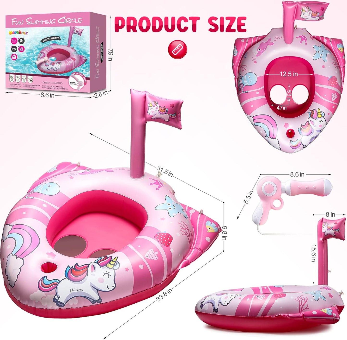 HopeRock Unicorn Pool Floats for Toddlers and Kids, with Water Gun, Pool Toys for 3-8 Years Old Girls, Inflatable Swimming Pool Toys
