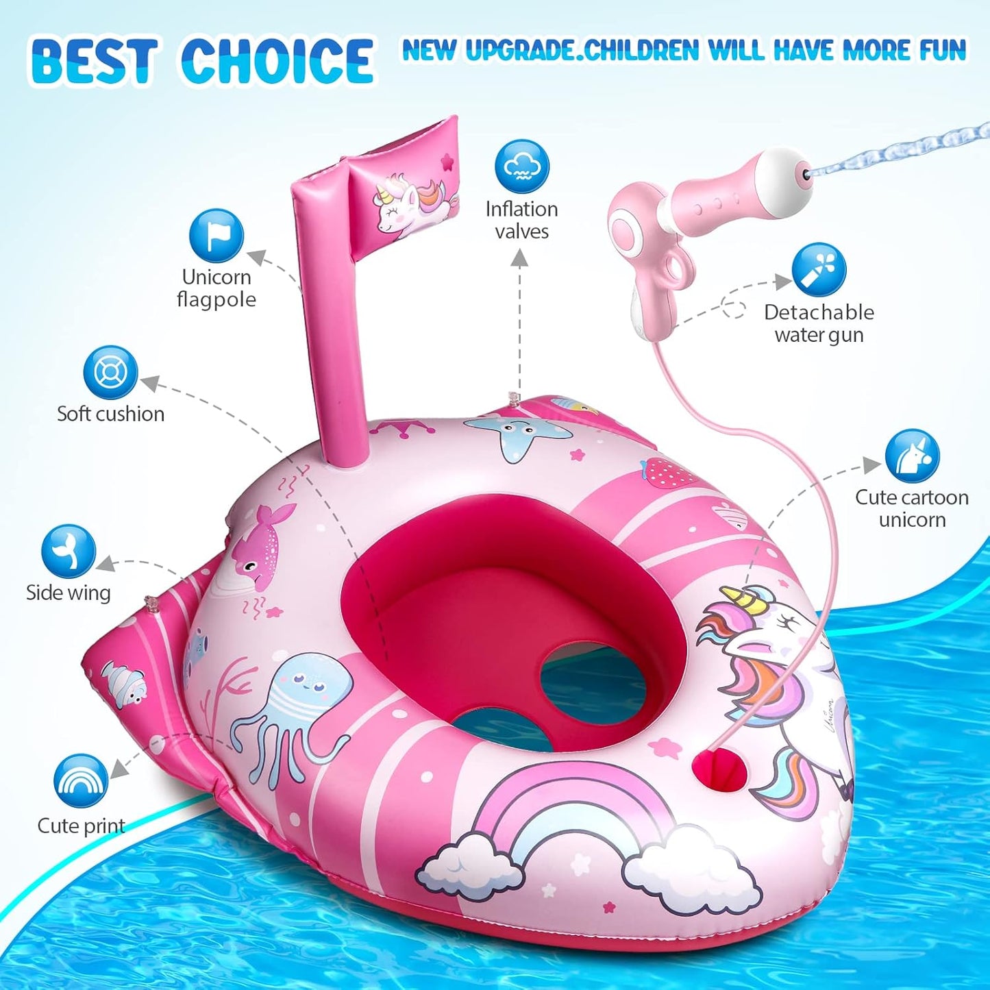 HopeRock Unicorn Pool Floats for Toddlers and Kids, with Water Gun, Pool Toys for 3-8 Years Old Girls, Inflatable Swimming Pool Toys