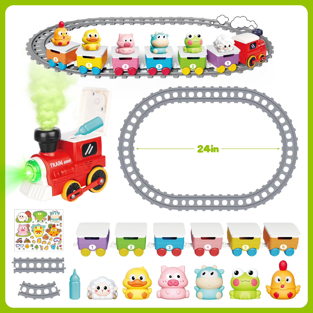 Train Set for Toddlers, Toys for Toddlers 2-4 boys, with Smoke, Light & Sound, 6 Farm Finger Puppets, Toy Train Gift for Toddlers Birthday Christmas.