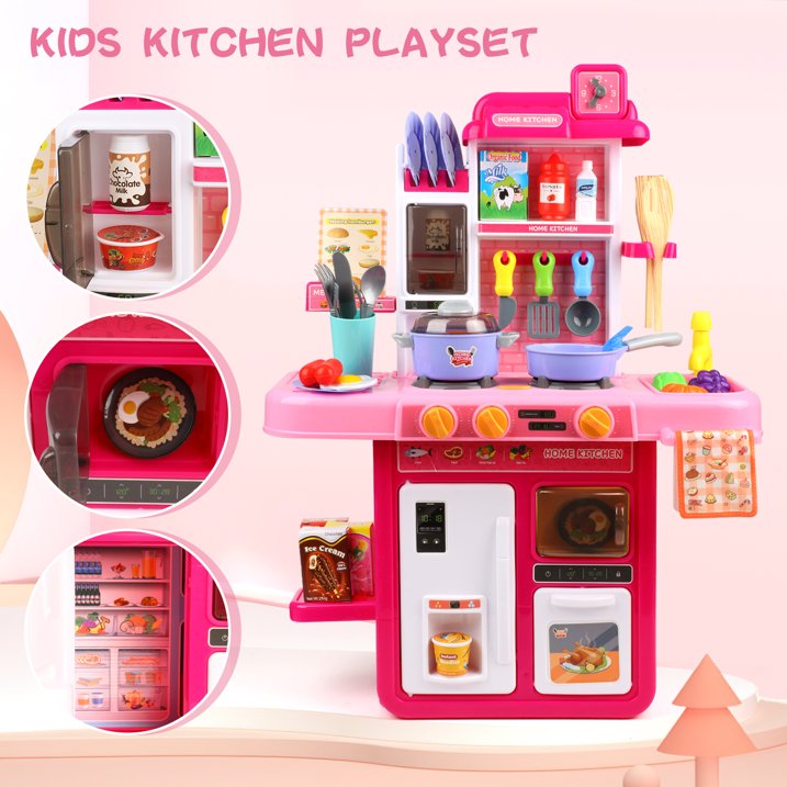 Kids Pretend Play Kitchen Set for Toddler Girls Ages 3 4 5 6 Years, Kitchen Toys with Realistic Sounds, Lights, Cooking Stove, Sink, and Play Food, Birthday Christmas Gifts for Girls Age 3+.