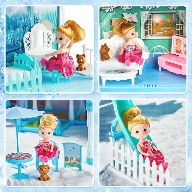 379 Pcs Princess Dollhouse for Girls, Light up Frozen Garden DIY Set, 17 Rooms w/ Doll, Puppies, Furniture, Accessories, Toddler Birthday Christmas Playhouse Gift Toys for Girls 3 4 5 6+