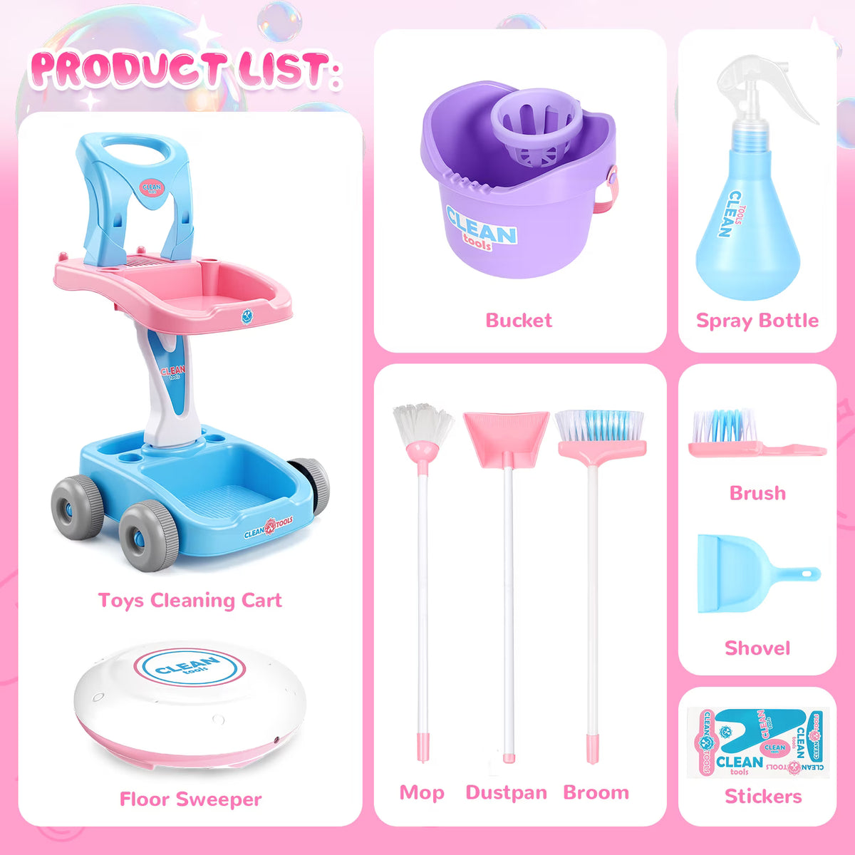 Kids Cleaning Set for Toddlers Ages 3-6, Pretend Play Housekeeping Cart with Mop Broom Dustpan Spray Bottle Bucket and Toy Vacuum, Pink Blue.