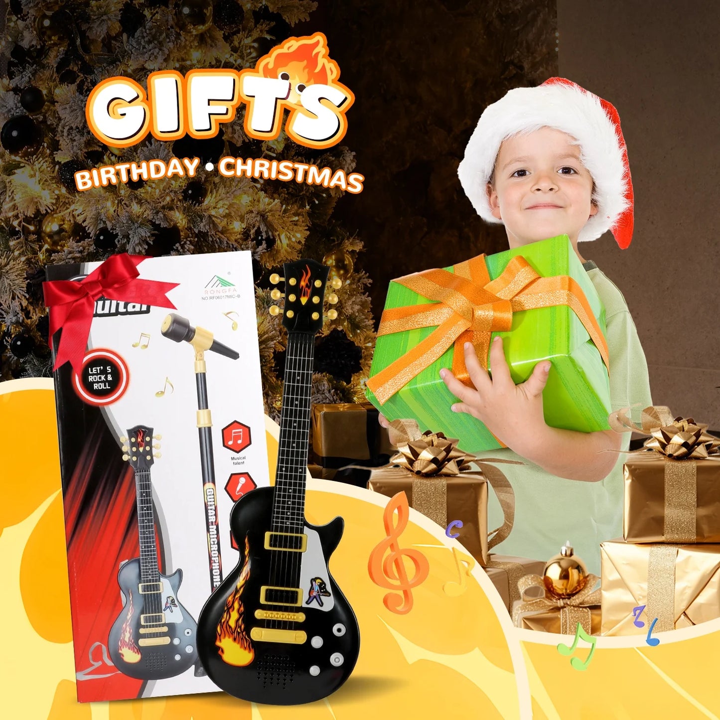 Kids Toy Guitar for Toddlers Ages 3 4 5 6 Years, Cool Black Toy Guitar Set with Microphone And Adjustable Stand, Musical Instrument Christmas and Birthday Gift for Boys Girls.