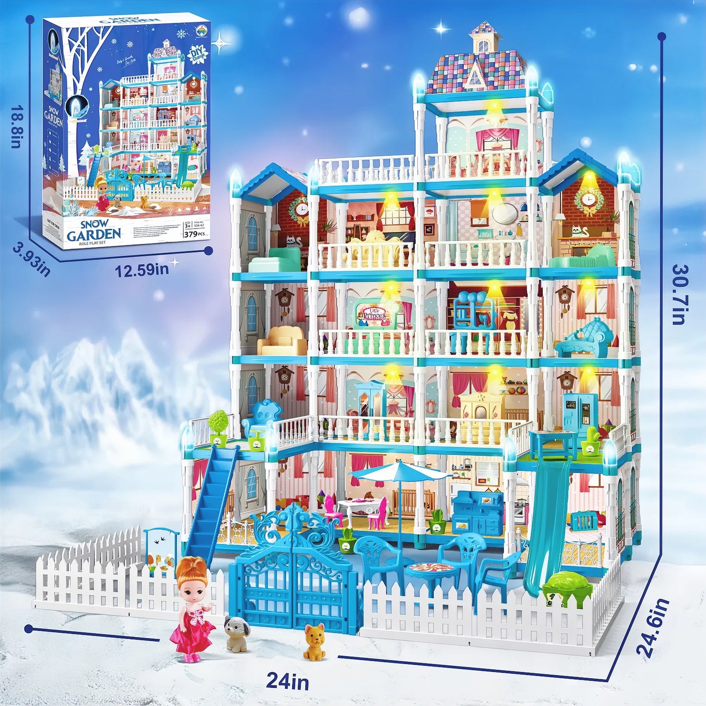 379 Pcs Princess Dollhouse for Girls, Light up Frozen Garden DIY Set, 17 Rooms w/ Doll, Puppies, Furniture, Accessories, Toddler Birthday Christmas Playhouse Gift Toys for Girls 3 4 5 6+