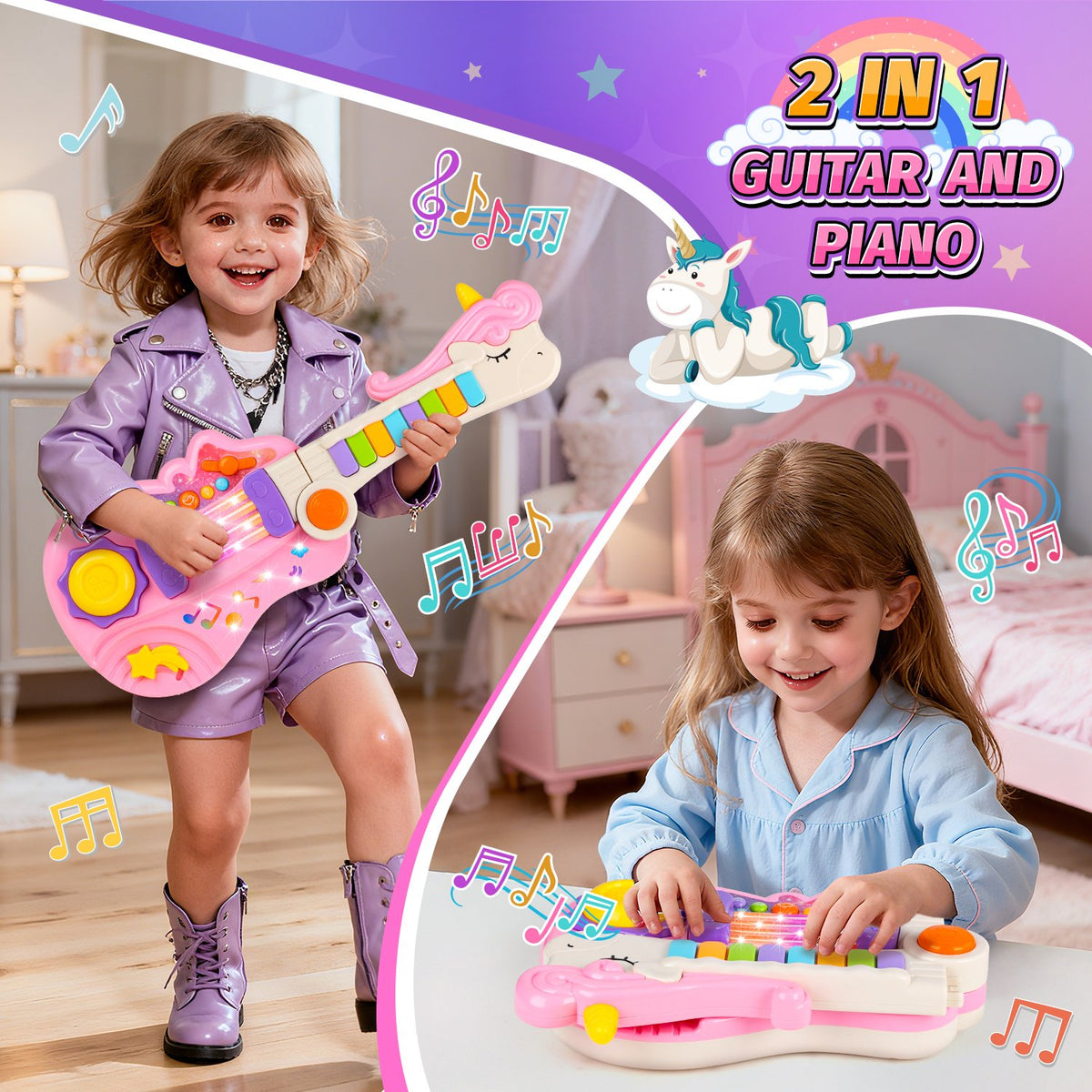 Kids Guitar Toys, 2-in-1 Pink Musical Toy with Piano And LED Lights for Kids Toddlers Ages 3-6, Unicorn Toys Christmas Birthday Gift for Little Girls.