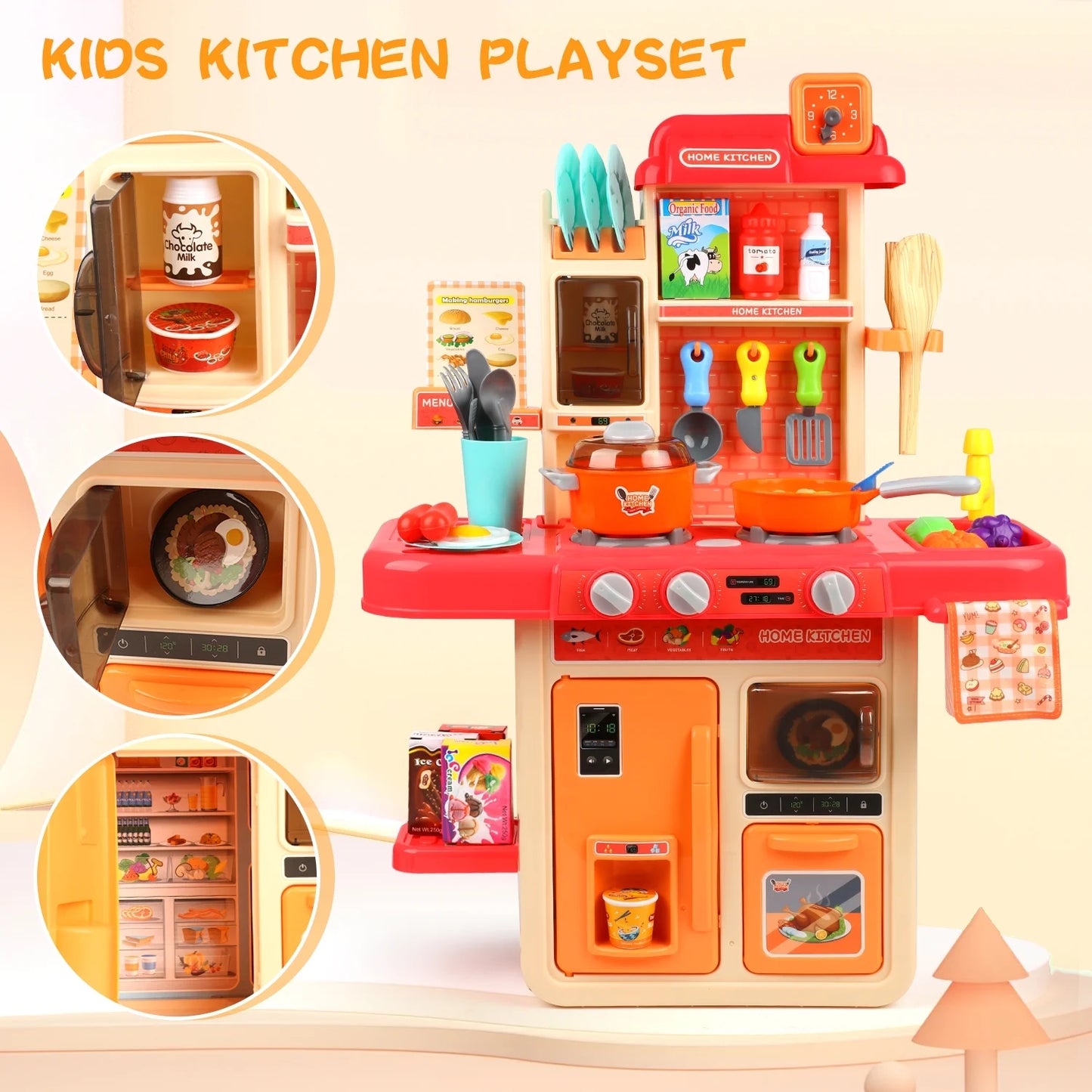 42PCS Play Kitchen Set for Kids Girls 3 4 5 6 Years, with Realistic Lights and Sounds, Simulation of Spray, Toy Kitchen Set for Toddlers Birthday Christmas Gifts for Girls.