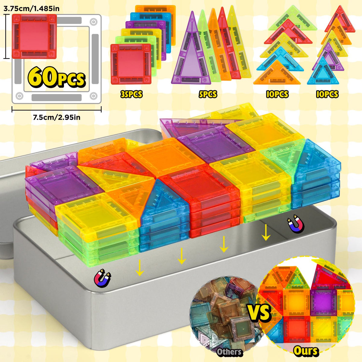 60PCS Magnetic Tiles, STEM Educational Toys for Kids Ages 3 4 5 6 7 8 Years Old, Magnetic Blocks, Portable, Iron Box, Birthday Gifts for Girls Boys.