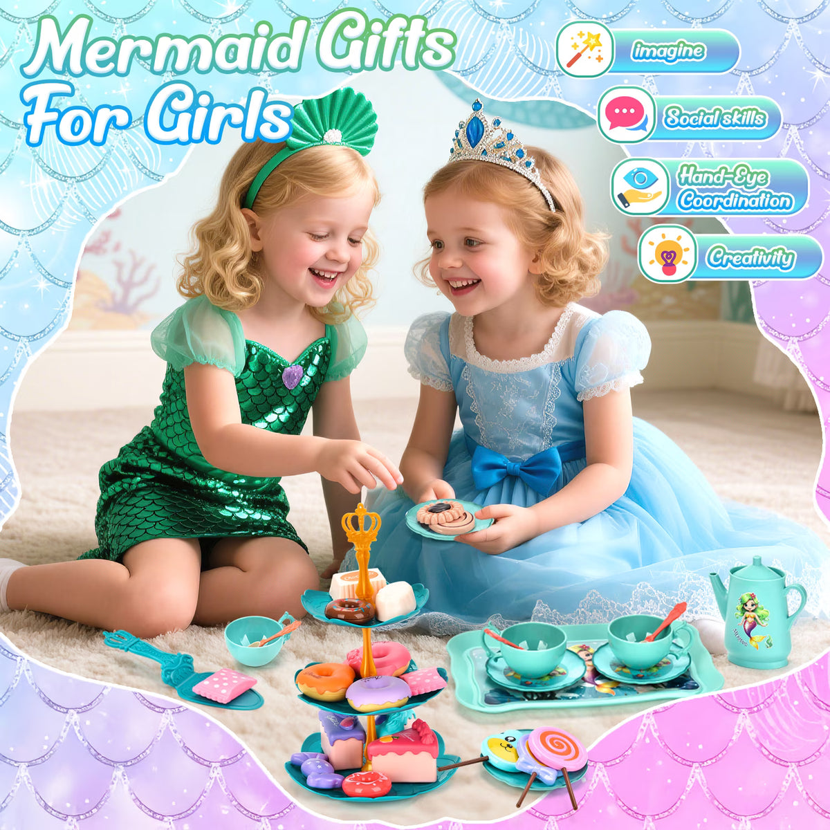 42PCS Mermaid Tea Party Set for Little Girls, Pretend Play Toys for Toddlers Girls Ages 3 4 5 6 Years, Birthday Gifts for Kids Girls 3-6 Years Old.