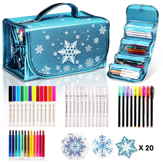Frozen Snowflake Pencil Case Markers Set for Kids, Art & Coloring Supplies Kit with Stickers, Perfect Christmas & Birthday Gifts for Girls & Boys