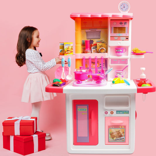 Kids Play Kitchen Set,With 33pcs Toy Food & Cookware Accessories,Pretend Playset For Toddlers Girls Boys Gift - Pink