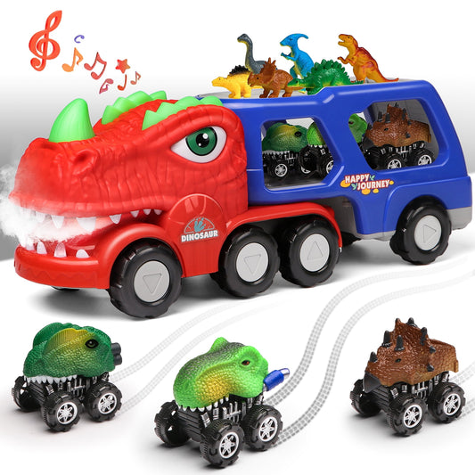 Dinosaur Toy Cars Smoke Light-up Carrier Truck for Kids, 10 in 1 Cartoon Vehicles Playset with Double-Decker, Christmas Gift Toys for 2 3 4 5 6 Year Old Boys Grils