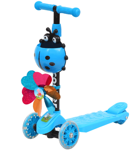 Kids Scooter - Kick Scooter for Kids 2-8 Adjustable Height,with 3 Wheels Light Up LED Wheels,Ladybug Basket,Multicolor Windmill.(Blue)