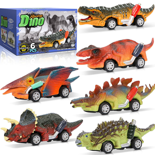 Dinosaur Toy Pull Back Cars, 6 Pack Dino Toys for 3 Year Old Boys and Toddlers