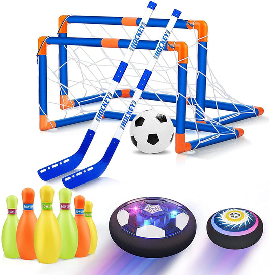 3 in 1 Hover Hockey Bowling Set Rechargeable Air Soccer Ball with LED Starlight Light for Outdoor Toys Gifts for 3-12 Year Old Boys