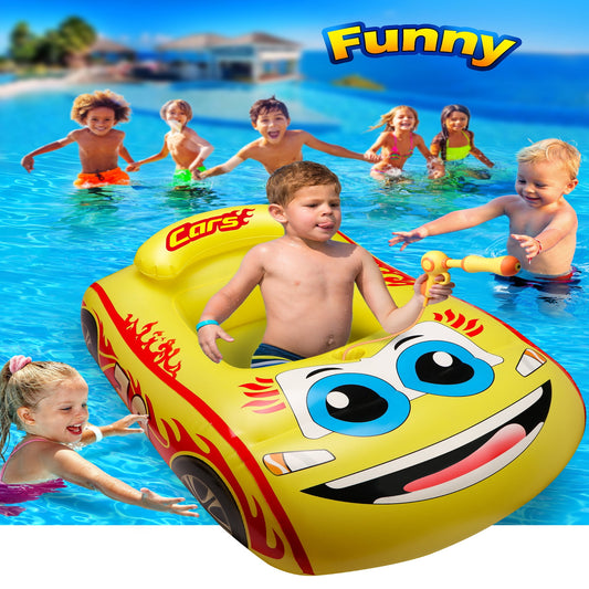 Inflatable Pool Float Kids, Cute Car Boat Floats with Steering Wheel, Summer Toys for Toddler Boys Girls Kids 1-3