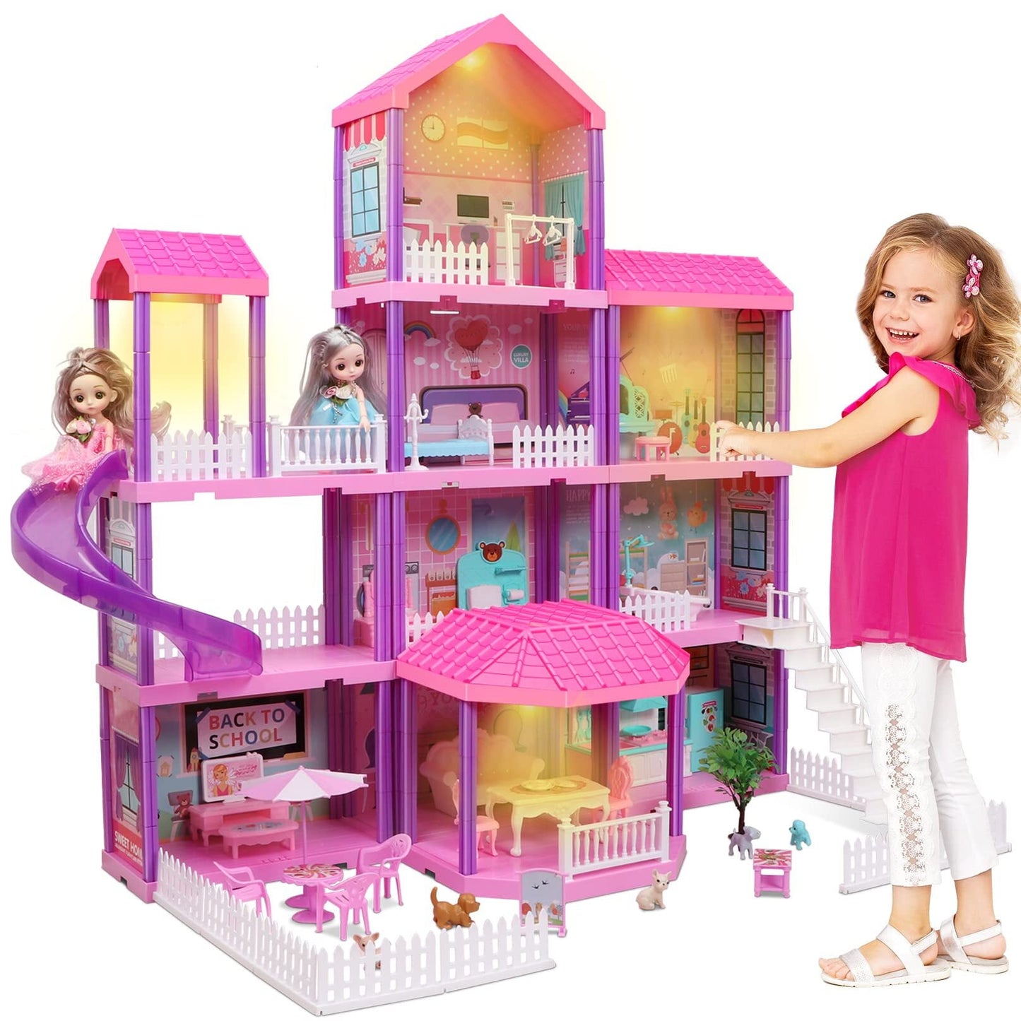 36 inch Dollhouse with Slide,Dolls and 11 Rooms,Creative Dollhouse Toys Gift for 3 to 8 Year Old Girls